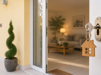 casa con una porta aperta sul soggiorno e una chiave con un portachiavi a forma di casa in primo piano