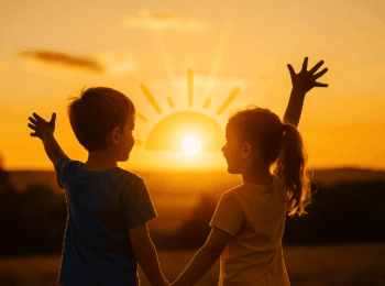 bambini che si tengono le mani e guardano il tramonto con le mani alzate